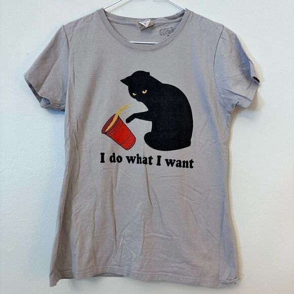 Port & Company Women's Graphic T-Shirt I Do What I Want Cat Red Cup Gray Small - Picture 2 of 4